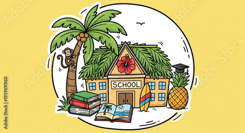 Colorful Schoolhouse with Palm Tree and Beach Scene.