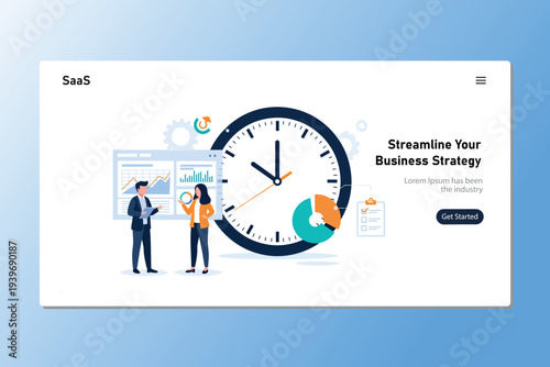 Time management and business strategy concept with people and a clock illustration