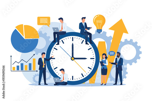 Business professionals collaborating around time management ideas and growth strategies