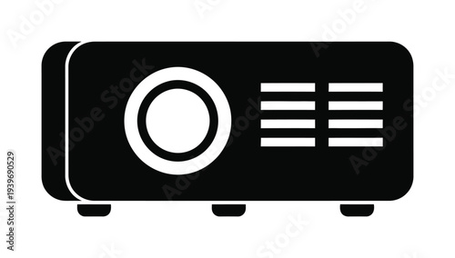 Vector of a projector with a lens and vent openings on the front.
