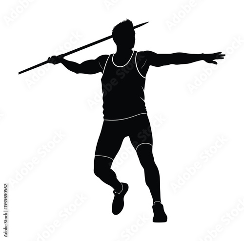 Silhouette of an athlete holding a javelin in a dynamic throwing pose in this vector