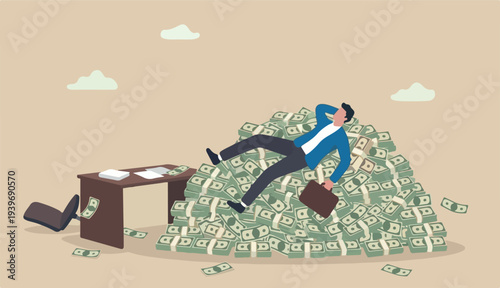 Insurance, reserve money or emergency fund on business failure, mistake or accident, compensation or money support and cushion concept, fail businessman falling on huge big desk money banknotes safety