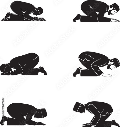 Muslim Man Praying in Salah Vector Illustration, Islamic Prayer Flat Design