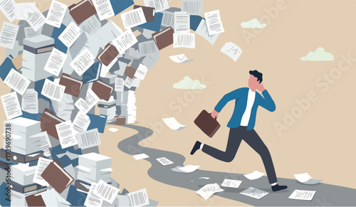 Overwhelmed for the to or work overload, exhausted and anxiety, stressed and tired from problem and trouble, panic attack or shocked, burnout and depression concept, fearful businessman runaway from