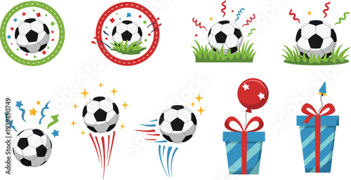 Soccer ball party decorations with balloons and gifts for birthday celebration