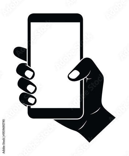 Vector of a hand holding a rectangular smartphone with blank screen.