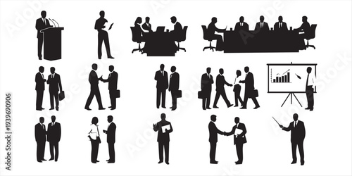 Business people silhouettes collection, office meeting discussion teamwork presentation scenes, corporate professionals black vector illustration set isolated on white background
