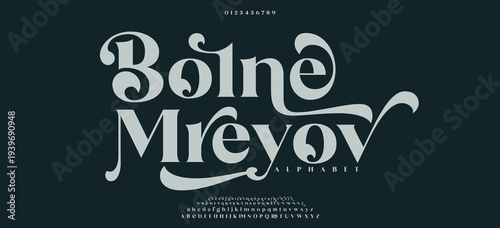 Bolne Mreyow Luxury wedding alphabet logo font with tails. Typography elegant classic serif fonts and number decorative vintage retro logos branding. vector illustration