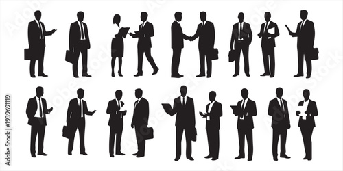 Black silhouette set of business people in meetings and conversations, including handshake scenes. Minimalist vector design on a white background with clean, sharp edges.