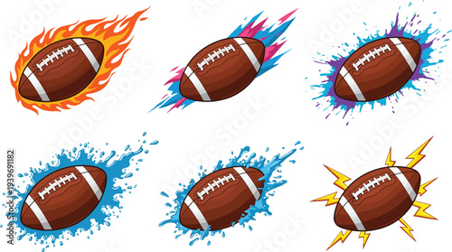 American football balls with colorful motion effects in different directions and speeds