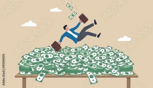 Insurance, reserve money or emergency fund on business failure, mistake or accident, compensation money support a cushion concept, fail businessman falling huge big desk money banknotes safety cushion