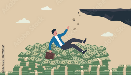 Insurance, reserve money or emergency fund on business failure, mistake accident, compensation money to support cushion concept, fail businessman falling huge or money banknotes safety cushion