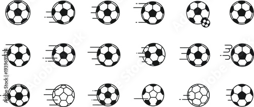 Variety of soccer ball illustrations in different perspectives and orientations on white background