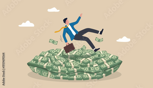 Insurance, reserve money or emergency fund on business failure, mistake accident, compensation money support cushion concept, fail businessman falling huge big desk money banknotes safety cushion