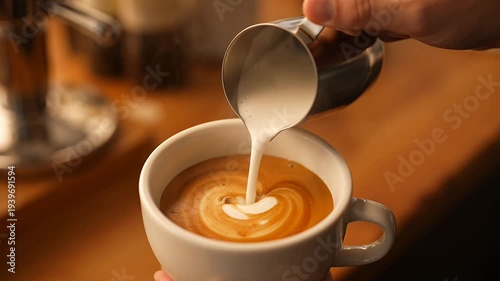 Creamy milk being poured into a cup of coffee creating latte art