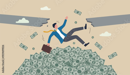 Insurance, reserve money or emergency fund on business failure, mistake accident, compensation money support cushion concept, fail businessman falling huge in to money banknotes safety cushion.