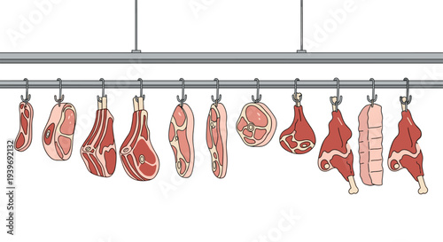 Various distinct cuts of raw red meat are neatly hanging from individual metal hooks on a single horizontal rail against a clean white background.