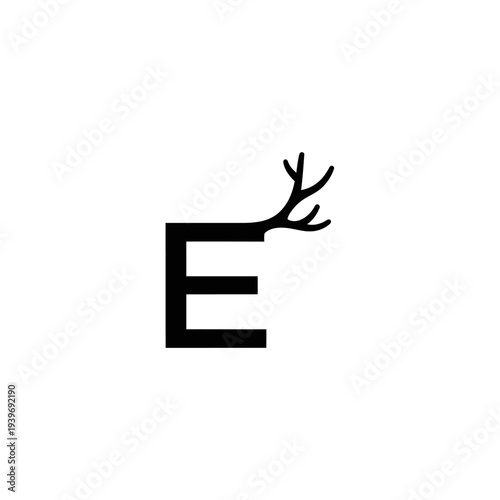 Letter e with deer antler illustration isolated on white background