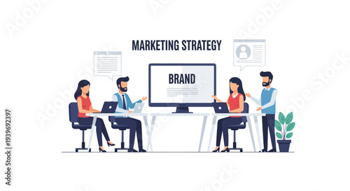 Business Team Discussing Brand Marketing Strategy on a Large Screen.