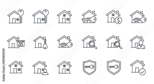 Collection of Line Art Icons Representing Real Estate and Home Services.