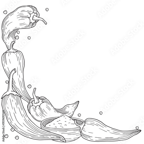 Hand-drawn ready to use frame composition made of fresh chili pepper, chili powder and seeds graphic sketch for product design