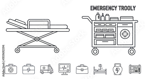 A set of medical emergency equipment line art icons showing a hospital gurney and a fully stocked emergency trolley.