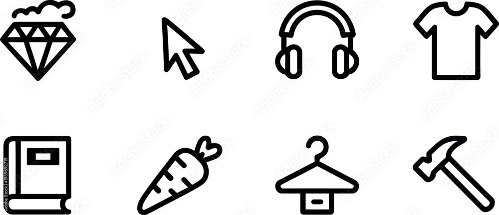 Fototapeta premium Collection of eight diverse simple outlined icons representing various everyday objects and concepts