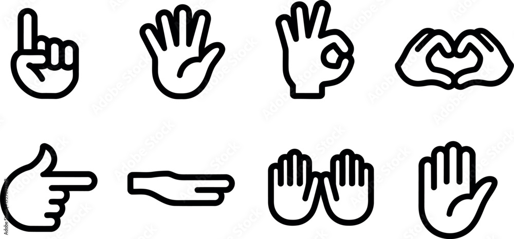 Obraz premium Collection of eight diverse black outline hand gestures and icons isolated on transparent background for graphic design