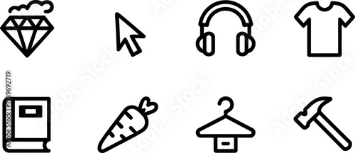 Collection of eight diverse simple outlined icons representing various everyday objects and concepts