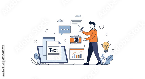 Man creating digital content writing and managing online media.