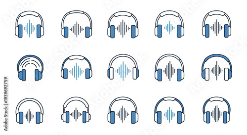 Collection of Stylized Headphones with Sound Wave Icons.