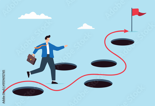 Smart businessman avoid numerous pitfalls to achieving business success. He bravely navigates past mistakes and failures, utilizing his skills and creativity to solve problems and overcome adversity