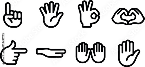 Collection of eight diverse black outline hand gestures and icons isolated on transparent background for graphic design