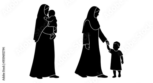 Black Silhouette Vector Illustration Set of Two Muslim Mothers with Children, Depicting Motherhood, Family Bonds, and Parental Care