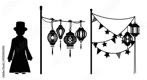 Set of 3 Black and White Silhouette Vector Illustrations Featuring a Person in a Top Hat, Hanging Asian Lanterns, and Festive Bunting with Stars and Flags, Ideal for Cultural Event Designs