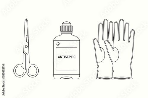 Line drawing of medical supplies scissors antiseptic and protective gloves