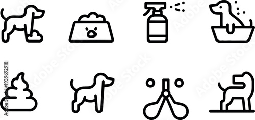 Collection of simple line art icons representing dog care and grooming services