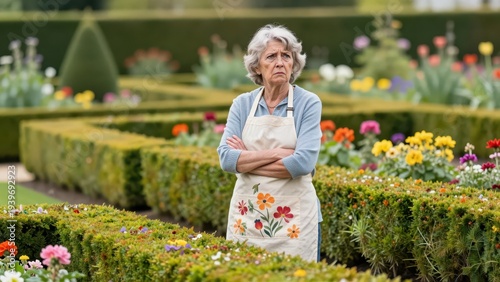 Confused elderly woman in floral apron in her perfectly manicured French garden, bewildered by unusual brightly colored plant proliferation, vibrant