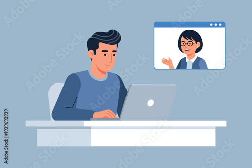 Man having a video call on laptop working remotely from home