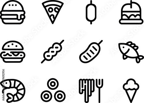 Collection of stylized vector icons representing various food items and snacks in a simple line art style