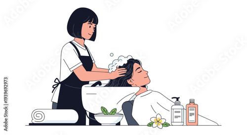 A female hairdresser wearing a black apron washes a client's hair with shampoo in a salon, surrounded by beauty products.