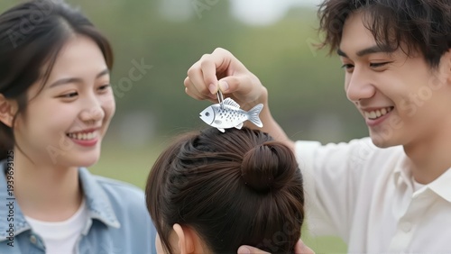 Candid moment between two young adults outdoors, one friend smiling broadly, using tweezers to gently affix a small, shiny silver paper fish onto the