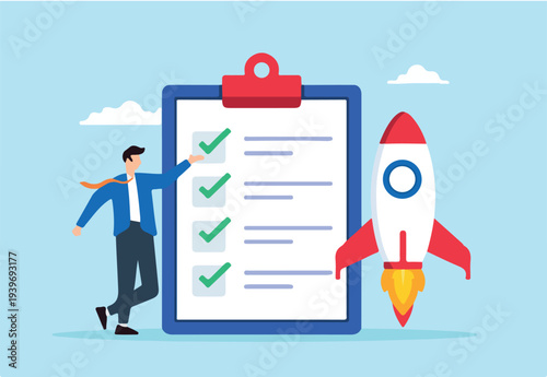 Flat illustration of brand strategist present rocket and checklist launch startup start project and business development