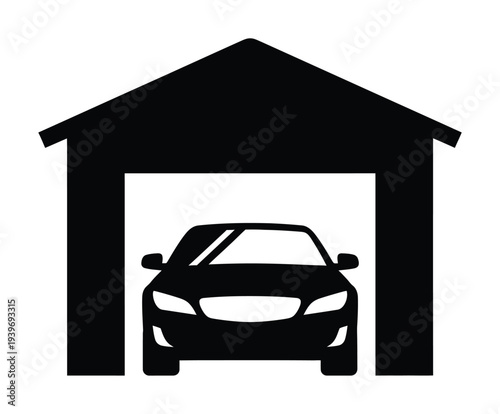Vector of a car parked inside a simple garage structure with a gabled roof