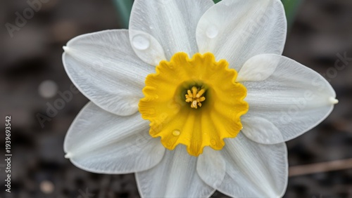 Extreme Closeup of a Single Flawless Daffodil Bloom Covered in Fine Dew Droplets, Texture Sharply Defined Against Rich, Dark, Moist Soil Background