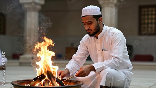 Young Zoroastrian man in white kurta and prayer cap tending to the eternal sacred fire within the Agiary sanctum, religious ritual