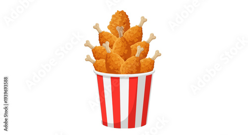 Illustration of fried chicken drumsticks in a striped bucket.