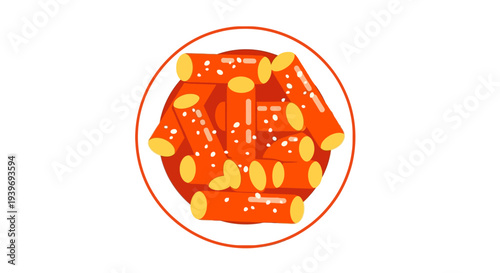 Vibrant red dish with yellow garnishes and white specks on a plate.