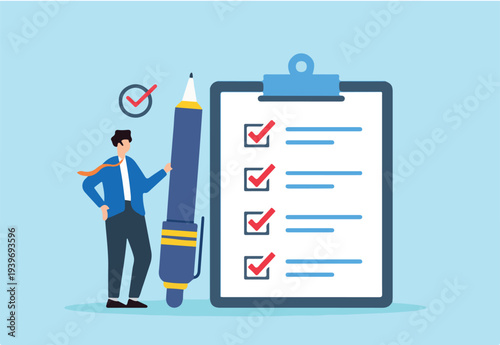 Flat illustration of manager hold pen complete task on business checklist clipboard