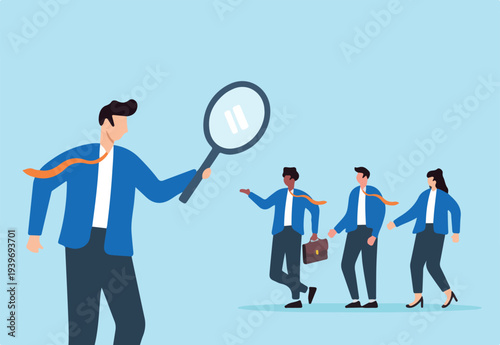 Flat illustration of businessman using magnifying glass to evaluate group of diverse job candidates recruitment hiring process and talent search vacancy